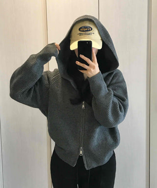 Oversized Ribbed Hooded Zip-Up Cardigan