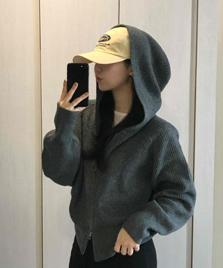 Oversized Ribbed Hooded Zip-Up Cardigan