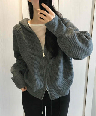 Oversized Ribbed Hooded Zip-Up Cardigan