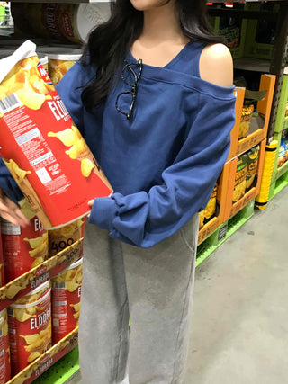 Loose Sweatshirt with Unique Asymmetrical Shoulder Point