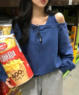 Loose Sweatshirt with Unique Asymmetrical Shoulder Point