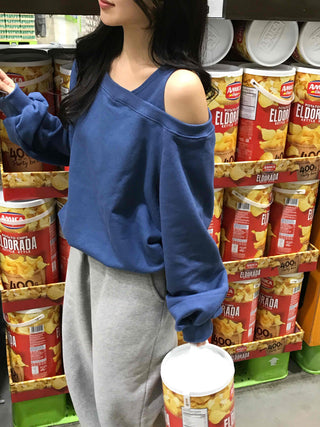 Loose Sweatshirt with Unique Asymmetrical Shoulder Point