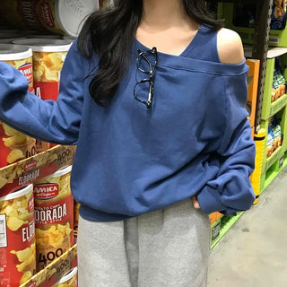 Loose Sweatshirt with Unique Asymmetrical Shoulder Point