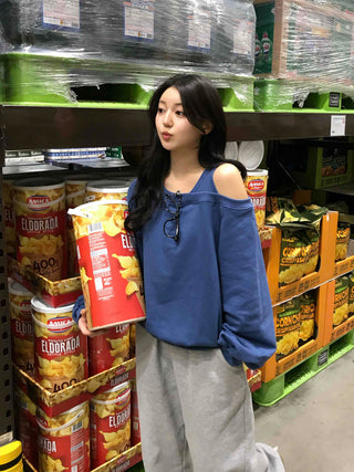 Loose Sweatshirt with Unique Asymmetrical Shoulder Point