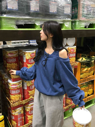 Loose Sweatshirt with Unique Asymmetrical Shoulder Point