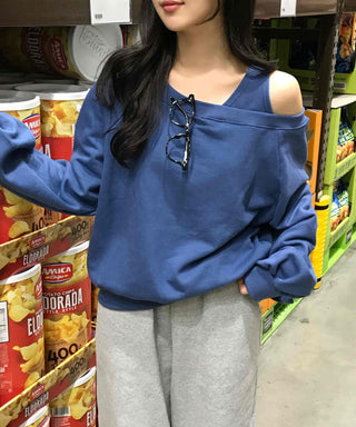 Loose Sweatshirt with Unique Asymmetrical Shoulder Point