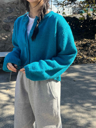 Round Neck Puff Oversized Cropped Button Cardigan