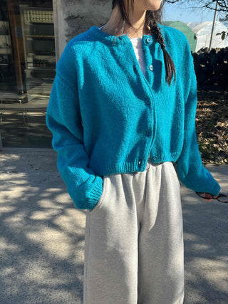 Round Neck Puff Oversized Cropped Button Cardigan