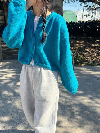 Round Neck Puff Oversized Cropped Button Cardigan