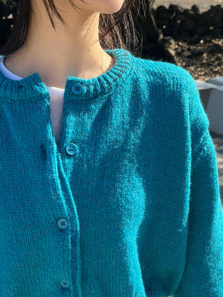 Round Neck Puff Oversized Cropped Button Cardigan