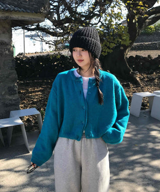 Round Neck Puff Oversized Cropped Button Cardigan