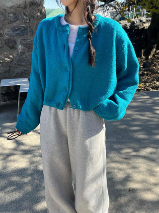 Round Neck Puff Oversized Cropped Button Cardigan