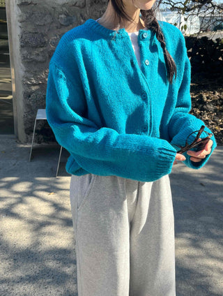 Round Neck Puff Oversized Cropped Button Cardigan