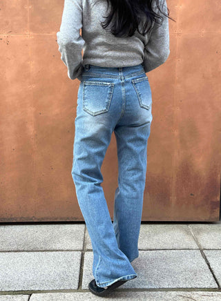 High-waisted semi-bootcut denim long pants