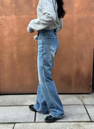 High-waisted semi-bootcut denim long pants