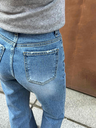 High-waisted semi-bootcut denim long pants
