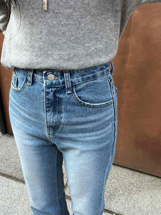 High-waisted semi-bootcut denim long pants
