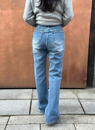 High-waisted semi-bootcut denim long pants