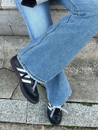 High-waisted semi-bootcut denim long pants