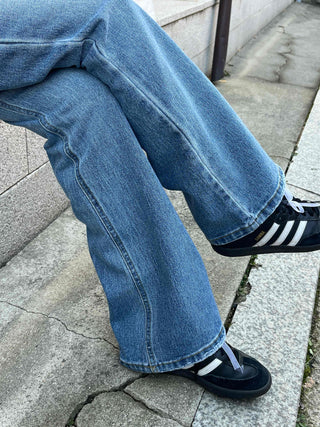 High-waisted semi-bootcut denim long pants