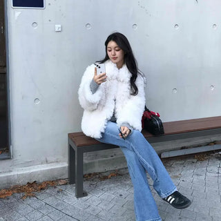 High-waisted semi-bootcut denim long pants