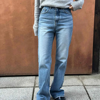 High-waisted semi-bootcut denim long pants
