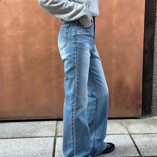 High-waisted semi-bootcut denim long pants