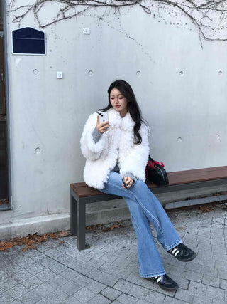 High-waisted semi-bootcut denim long pants