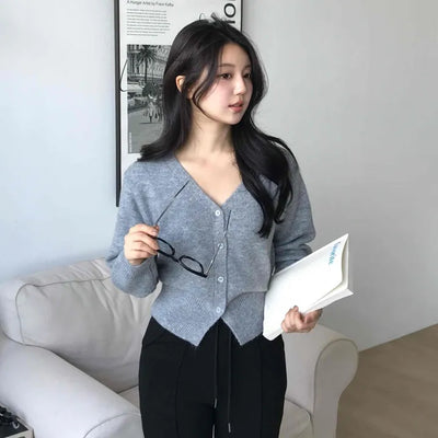 Soft V-neck Button Crop Knit Cardigan