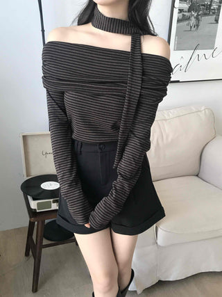 Chic Off-Shoulder Striped Choker Neck Long Sleeve Tee