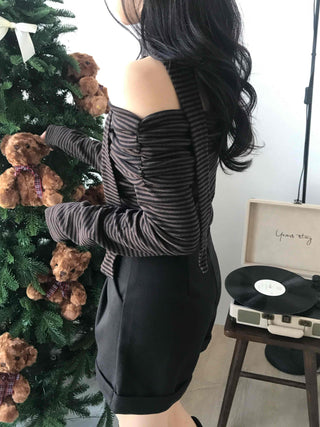 Chic Off-Shoulder Striped Choker Neck Long Sleeve Tee