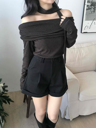 Chic Off-Shoulder Striped Choker Neck Long Sleeve Tee