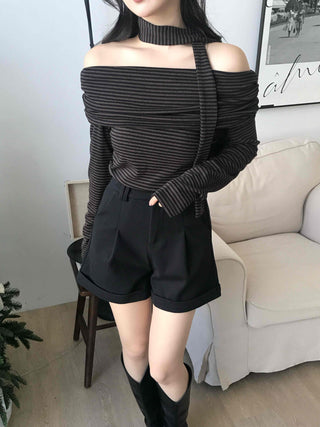 Chic Off-Shoulder Striped Choker Neck Long Sleeve Tee