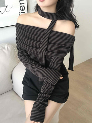 Chic Off-Shoulder Striped Choker Neck Long Sleeve Tee