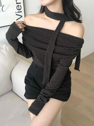 Chic Off-Shoulder Striped Choker Neck Long Sleeve Tee