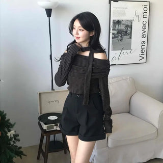 Chic Off-Shoulder Striped Choker Neck Long Sleeve Tee