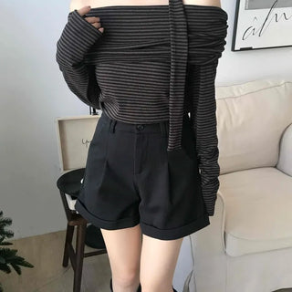 Chic Off-Shoulder Striped Choker Neck Long Sleeve Tee