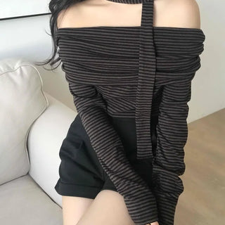 Chic Off-Shoulder Striped Choker Neck Long Sleeve Tee