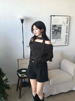 Chic Off-Shoulder Striped Choker Neck Long Sleeve Tee