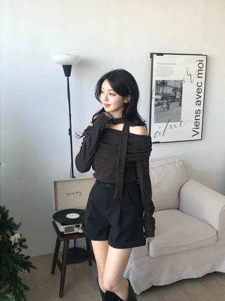 Chic Off-Shoulder Striped Choker Neck Long Sleeve Tee