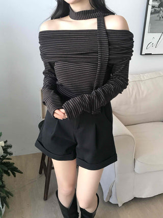 Chic Off-Shoulder Striped Choker Neck Long Sleeve Tee