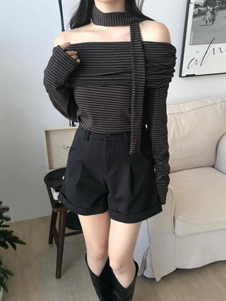 Chic Off-Shoulder Striped Choker Neck Long Sleeve Tee