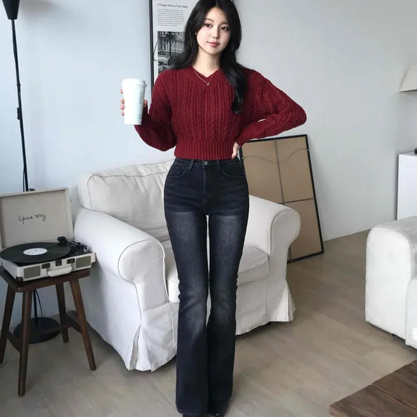 High-waisted Bootcut Long Denim Pants