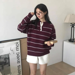 Retro Striped Collar Oversized Polo Knit