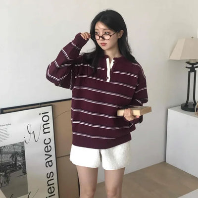 Retro Striped Collar Oversized Polo Knit