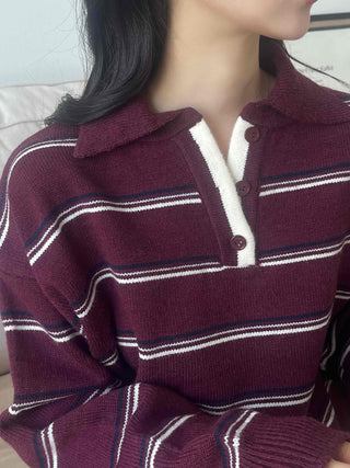 Retro Striped Collar Oversized Polo Knit