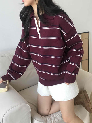 Retro Striped Collar Oversized Polo Knit