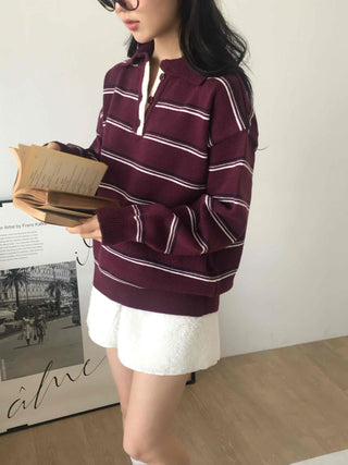 Retro Striped Collar Oversized Polo Knit