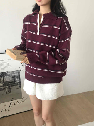 Retro Striped Collar Oversized Polo Knit
