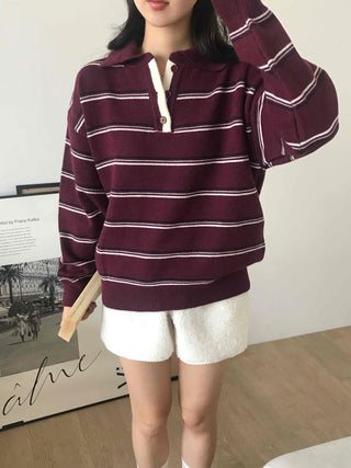 Retro Striped Collar Oversized Polo Knit